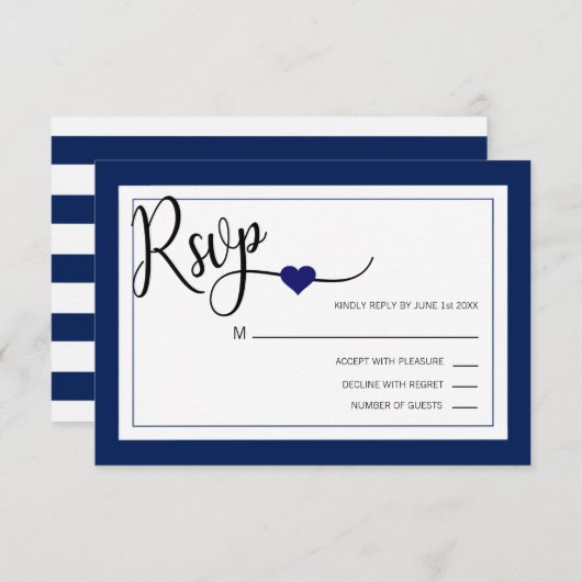 Classy Modern Navy Blauw & Wit RSVP Menu Huwelijk (Voorkant / Achterkant)