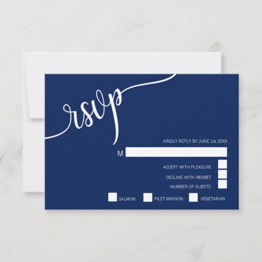 Classy Modern Navy Blue & White RSVP Menu Weddensc (Voorkant)