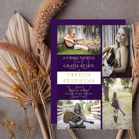 Classy Modern Photo Paars | Goud wit Afstuderen Folie Uitnodiging