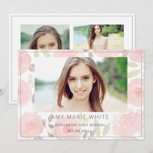 Classy Modern Pink Floral Foto Afstuderen Kaart (Voorkant / Achterkant)