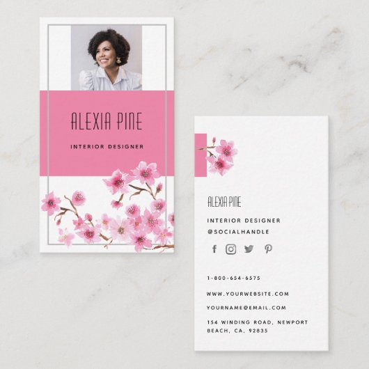 Classy Modern Professional Cherry Blossom Foto Visitekaartje (Voorkant / Achterkant)