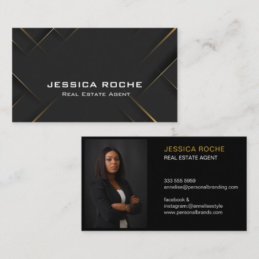 Classy Modern Professional Navy Blue Gold Foto Visitekaartje (Voorkant / Achterkant)