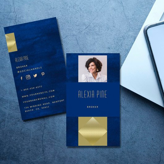 Classy Modern Professional Navy Blue Gold Foto Visitekaartje