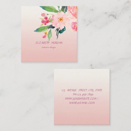 Classy Modern Romantic Waterverf Floral Vierkante Visitekaartje (Voorkant / Achterkant)