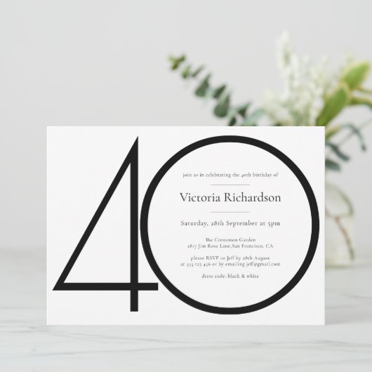Classy Modern Zwart Wit Minimalist 40e Verjaardag Kaart (Staand voorkant)