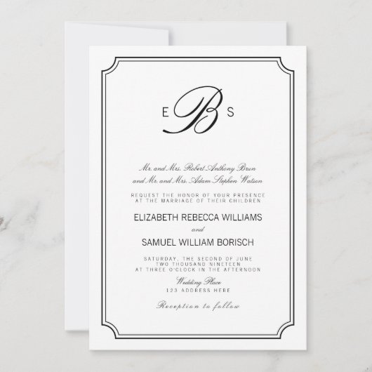 Classy Monogram Elegant White Black Wedding Invite Kaart (Voorkant)