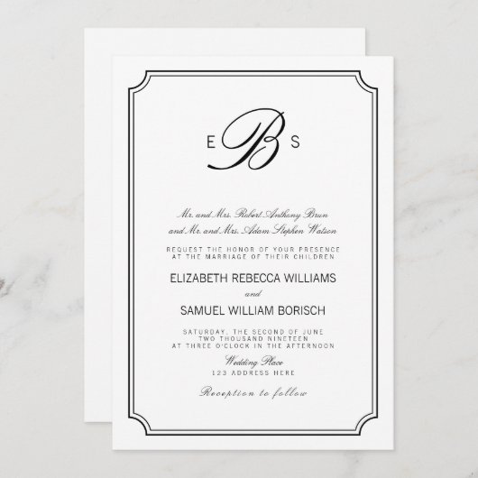 Classy Monogram Elegant White Black Wedding Invite Kaart (Voorkant / Achterkant)