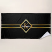 Classy Monogram Faux Gold met witte tekst op BLACK Strandlaken (Voorkant)