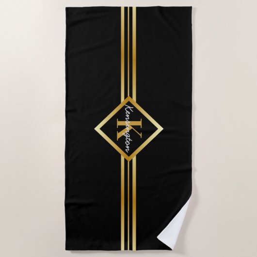 Classy Monogram Faux Gold met witte tekst op BLACK Strandlaken (Voorkant)