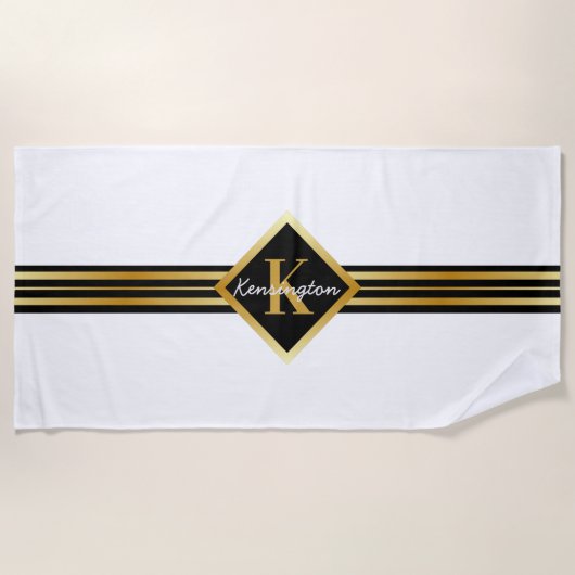 Classy Monogram Faux Gold met witte tekst op WHITE Strandlaken (Voorkant)