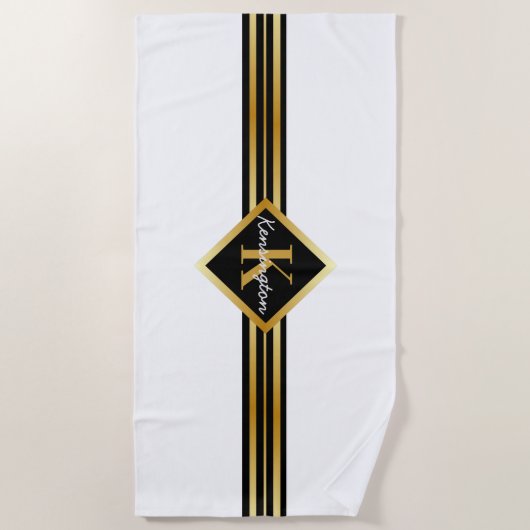 Classy Monogram Faux Gold met witte tekst op WHITE Strandlaken (Voorkant)