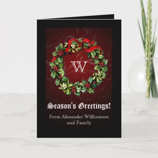 Classy Monogram Holly Wreath Holiday Kaart (Voorkant)