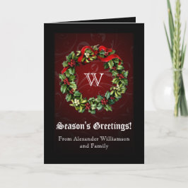 Classy Monogram Holly Wreath Holiday Kaart