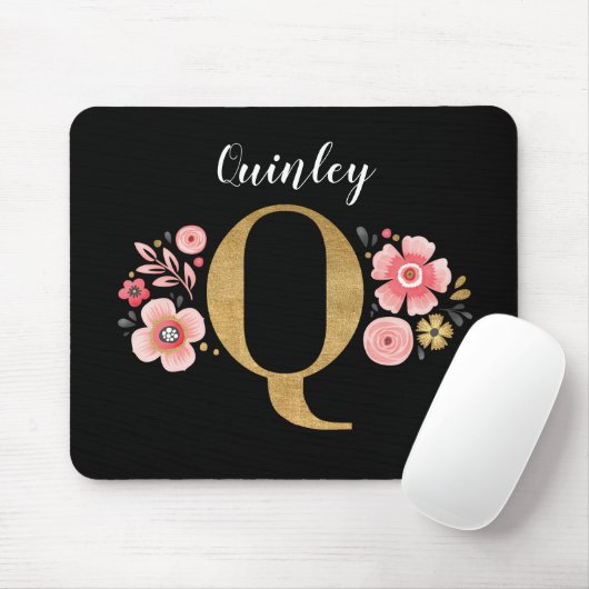 Classy Monogram Initiaal Roze Zwarte Letter Q Muismat (Met muis)