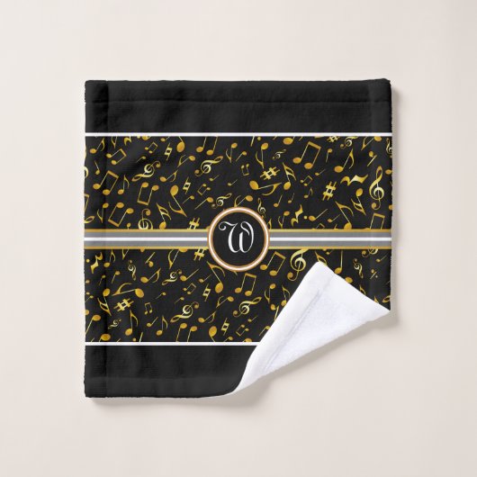 Classy Monogram met Gold-Muzieknoten op BLACK Bad Handdoek (Wasdoekje)