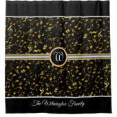 Classy Monogram met Gold-Muzieknoten op BLACK Douchegordijn (Voorkant)
