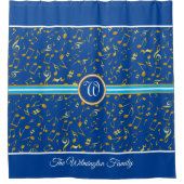 Classy Monogram met Gold Muzieknoten op BLUE Douchegordijn (Voorkant)