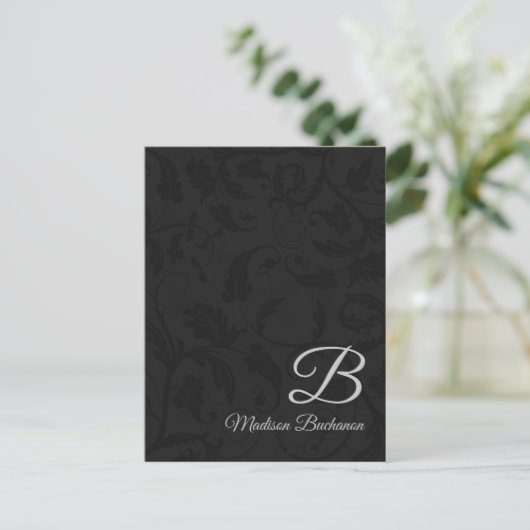 Classy Monogram met Silver en Black Damask Briefkaart (Staand voorkant)