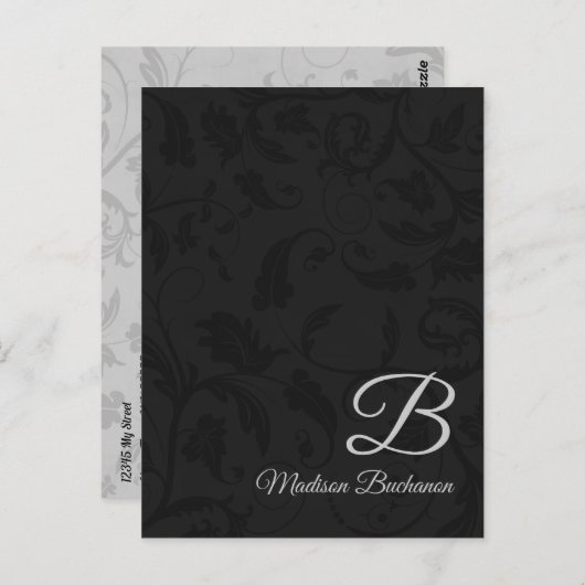 Classy Monogram met Silver en Black Damask Briefkaart (Voorkant / Achterkant)