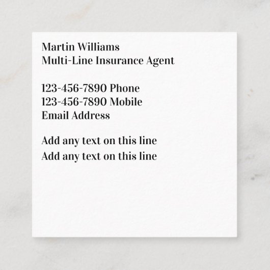 Classy Multi Line Verzekeringsagent Vierkante Visitekaartje (Achterkant)