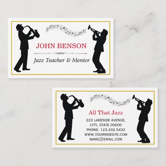 Classy Music Jazz Teacher Black Silhouettes Visitekaartje (Voorkant / Achterkant)