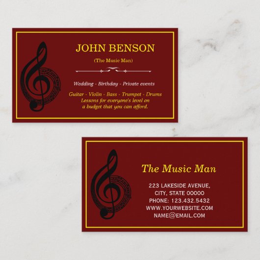 Classy Music Teacher White Treble Clef met Notes Visitekaartje (Voorkant / Achterkant)