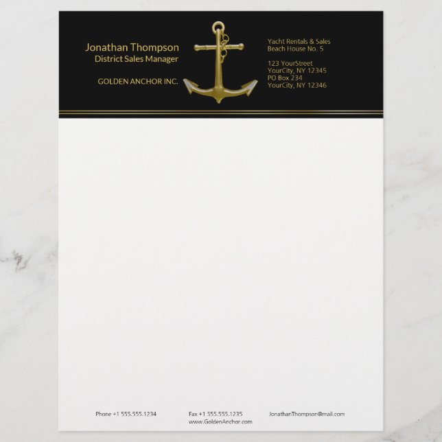 Classy Nautical Gold Anchor op zwart Briefhoofd (Voorkant)