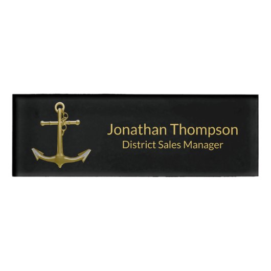 Classy Nautical Gold Anchor op zwart Naambadge (Voorkant)
