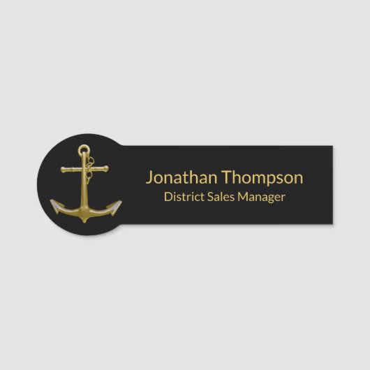 Classy Nautical Gold Anchor op zwart Naamplaatje (Voorkant)