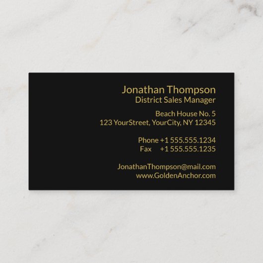 Classy Nautical Gold Anchor op zwart Visitekaartje (Achterkant)