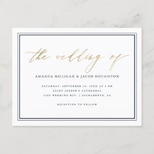 Classy Nautical Navy Blue & Gold Script Wedding Uitnodiging Briefkaart