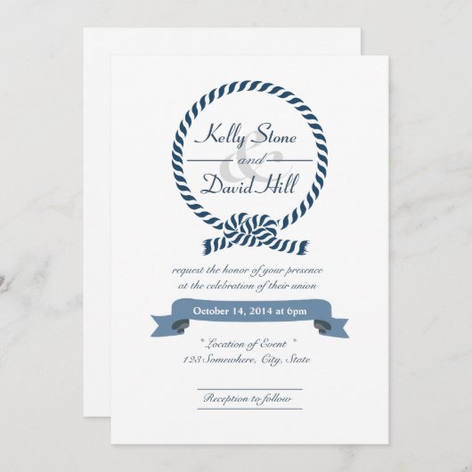 Classy Nautical Rope Ring Wedding Invitations Kaart (Voorkant / Achterkant)