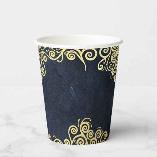Classy Navy Blauw Goud Swirls Bruiloft Verfijnd Papieren Bekers (Achterkant)