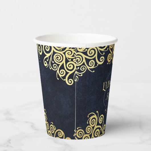 Classy Navy Blauw Goud Swirls Bruiloft Verfijnd Papieren Bekers (Rechts)