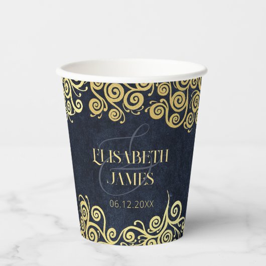 Classy Navy Blauw Goud Swirls Bruiloft Verfijnd Papieren Bekers (Voorkant)