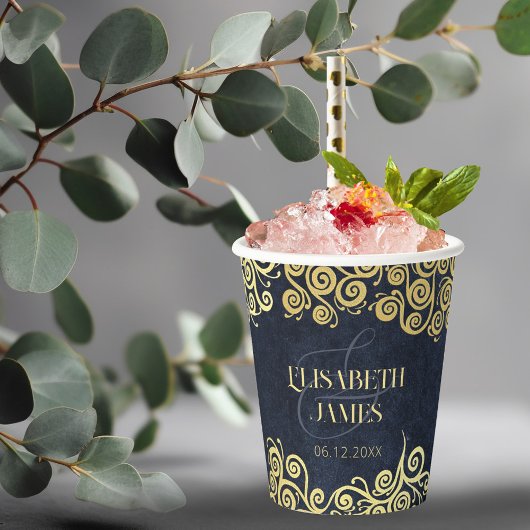 Classy Navy Blauw Goud Swirls Bruiloft Verfijnd Papieren Bekers