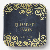Classy Navy Blauw Goud Swirls Bruiloft Verfijnd Papieren Bordje (Voorkant)