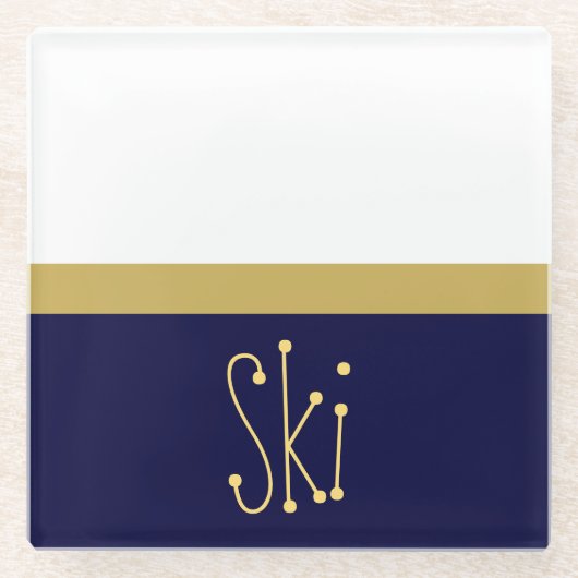 Classy Navy Blauw Wit Kleur Blok Leuke SKI Tekst Glazen Onderzetter (Voorkant)