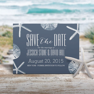 Classy Navy Blue Beach Theme Weddenschap Save the Aankondigingskaart
