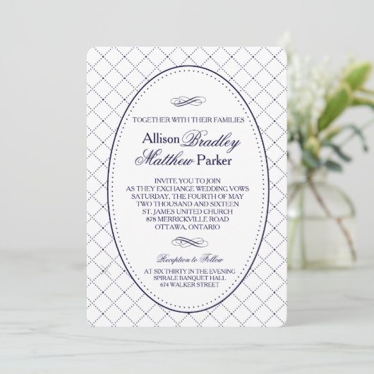 Classy Navy Blue Check Pattern Weddenschap Kaart (Staand voorkant)