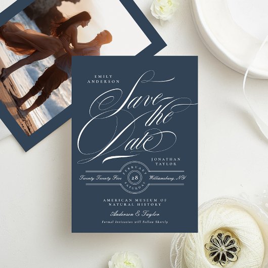Classy Navy Blue Elegant Calligraphy Photo Back Save The Date