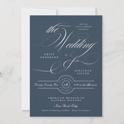 Classy Navy Blue Elegant Calligraphy Wedding Kaart (Voorkant)