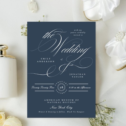 Classy Navy Blue Elegant Calligraphy Wedding Kaart