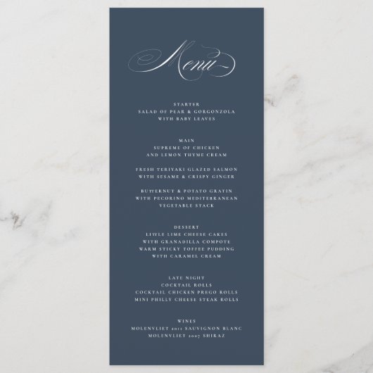 Classy Navy Blue Elegant Calligraphy Wedding Menu (Voorkant)