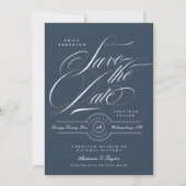 Classy Navy Blue Elegant Kalligrafie Foto Save The Date (Voorkant)