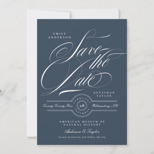 Classy Navy Blue Elegant Kalligrafie Foto Save The Date (Voorkant)