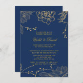 Classy Navy Blue en Gold Florals Wedding Invitati Kaart (Voorkant / Achterkant)