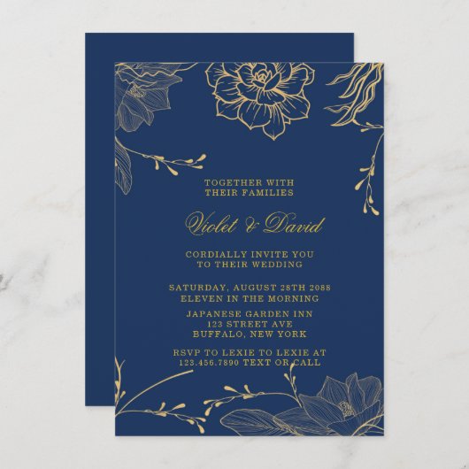 Classy Navy Blue en Gold Florals Wedding Invitati Kaart (Voorkant / Achterkant)