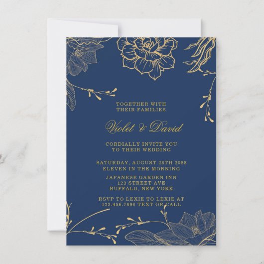 Classy Navy Blue en Gold Florals Wedding Invitati Kaart (Voorkant)