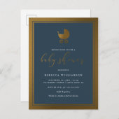 Classy Navy Blue en Gold Pram Boy Baby shower Uitnodiging Briefkaart (Voorkant / Achterkant)